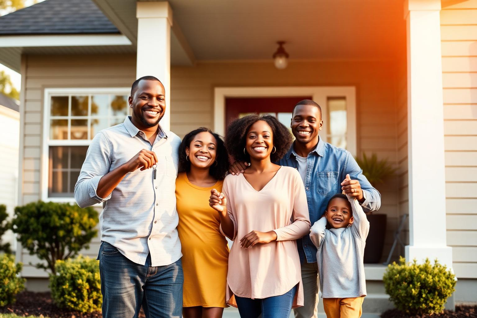 Happy first-time home buyers holding the keys to their new house